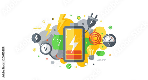 Battery Energy Storage and Power Management Concept Illustration with Electricity, Charging, and Renewable Technology Icons on White Background