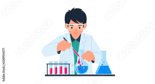 Male Chemist or Science Student in Lab Coat Performing Research Experiment with Test Tubes and Flasks Vector Illustration