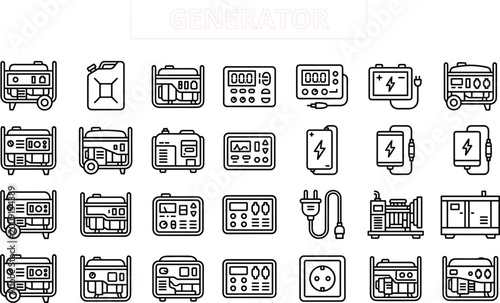 Quadro su tela Generator and electrical equipment icon collection with portable generators, fue