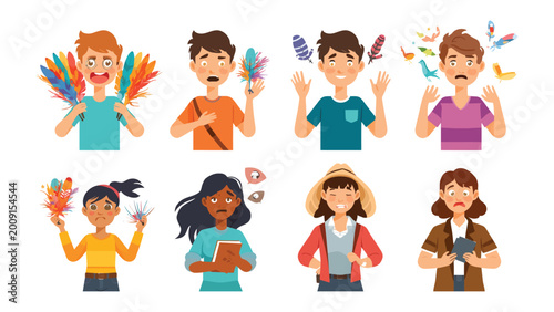 Tableau sur toile Feather Phobia Illustrated: Expressive character illustrations convey a range of anxieties triggered by feathers, highlighting the intensity of phobia
