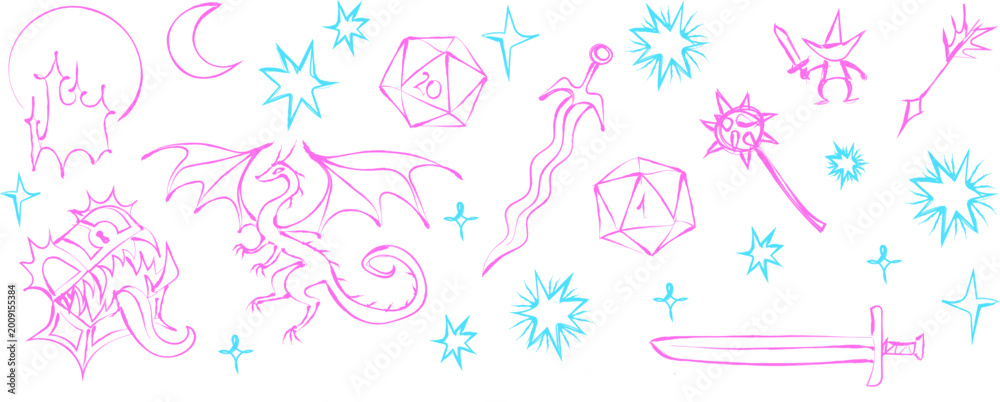 Fototapeta premium A trendy set of fantasy tattoo doodles featuring a dual-tone blue and pink palette. This aesthetic, 