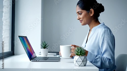 Woman typing on laptop with colorful screen in modern office