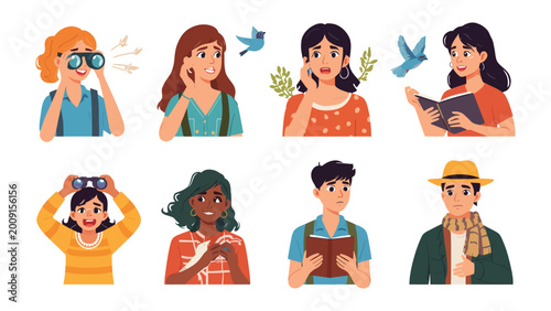 Photos Birdwatching & Leisure: A charming set of illustrated individuals each absorbed in their leisure activities
