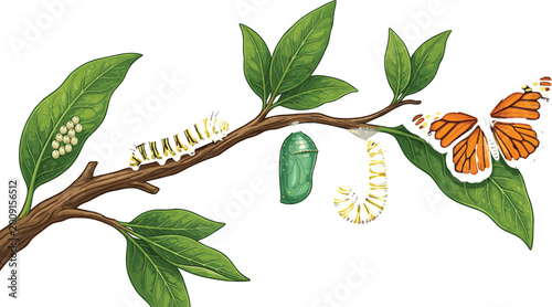 Bild auf Leinwand Butterfly Life Cycle Stages on Branch with Leaves Caterpillar Chrysalis and Adul