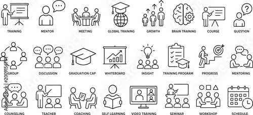Set of Education and Business Training Icons Vector Illustration, Coaching Workshop Mentoring Seminar Professional Development Thin Line Symbols Isolated on Transparent Background