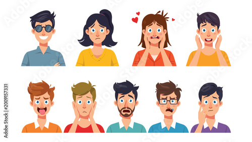 Foto Expressions of the Human Heart: A collection of diverse individuals, each a canvas for a spectrum of emotions - from the depths of sadness to the heights of elation