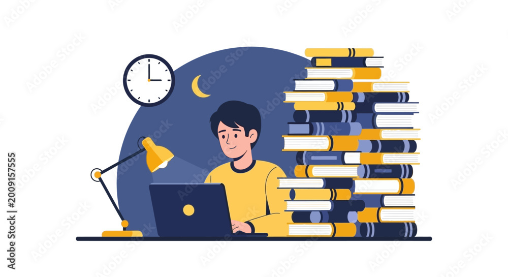 Naklejka premium Student Studying Late at Night with Laptop and Large Stack of Books Flat Vector Illustration; Concept for Education, Exam Preparation, Hard Work, and E-learning