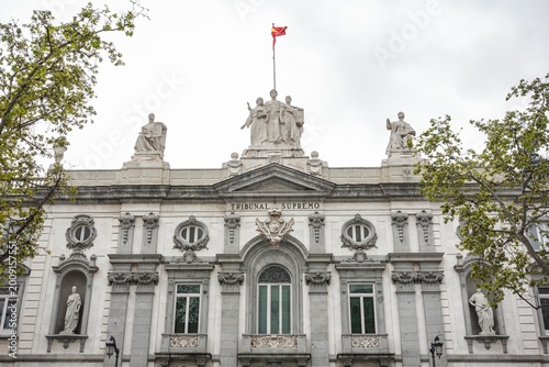 Madrid, Spain; April 7, 2026: Main facade of the Spanish Supreme Court, the highest court where politicians and high-ranking officials are tried in Spain