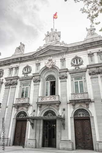 Madrid, Spain; April 7, 2026: Main facade of the Spanish Supreme Court, the highest court where politicians and high-ranking officials are tried in Spain
