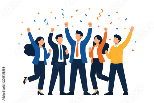Photos Celebrating Business Team Success Flat Vector Illustration with Confetti