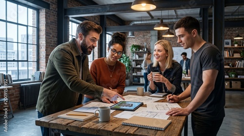 Business colleagues collaborate on a project at a wooden table in an office