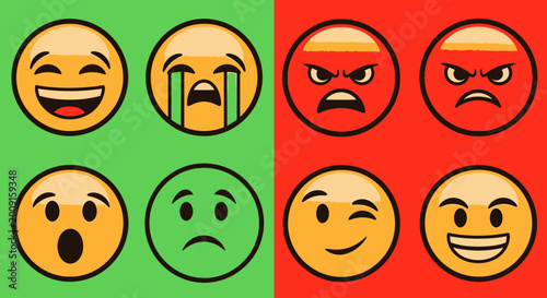 Foto Set of eight emoji faces showing happy, sad, surprised, angry, and winking emotions on contrasting green and red background