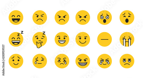 Set of Diverse Yellow Emoji Faces Expressing Various Emotions on Isolated White Background