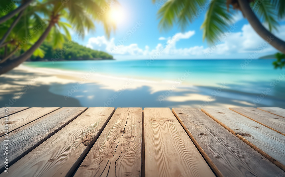 Fototapeta premium Weathered wooden planks with natural grain, shadows, and warm tones against a blue sky