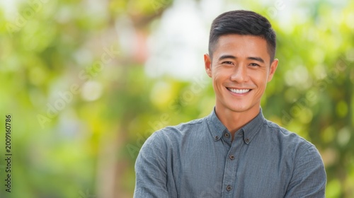 Smiling Man in a Natural Setting Promoting Clean Dental Care with Lush Background