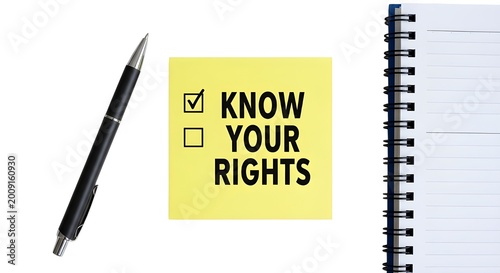 A pen and notebook with a know your rights sticky note on white background