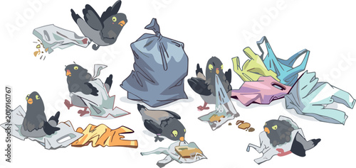 Photos Cartoon Pigeons Rummaging Through Trash Bags Vector Illustration for Urban Wildl