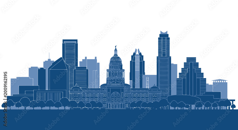 Obraz premium Austin Texas Skyline Silhouette - State Capitol Building and Modern Skyscrapers