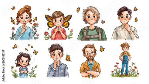 Fotografie Joyful Ensemble: An artful collage depicts a collection of individuals surrounded by vibrant butterflies and flourishing plants, evoking a sense of wonder and delight