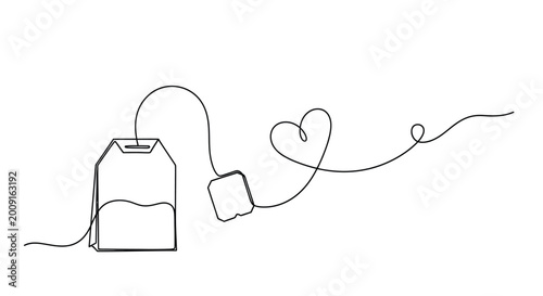 Tea bag with a heart shape formed by the string minimalist line drawing tea time black and white line art