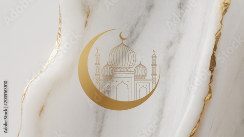 Islamic Crescent Moon with Mosque Silhouette on Marble Background Illustration