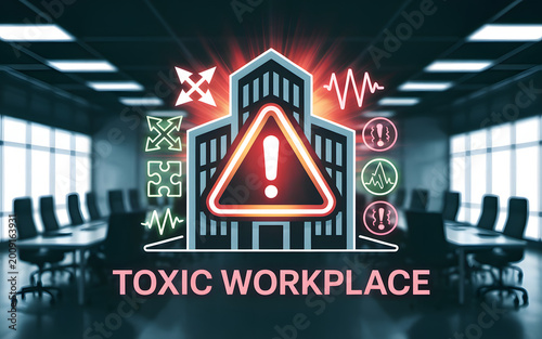 Toxic Workplace Alert: A stylized graphic of a corporate building with an exclamation mark at its center, highlighting the concept of a toxic workplace.