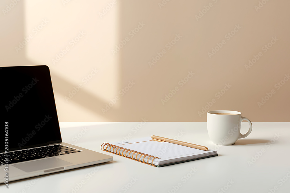 Fototapeta premium Modern laptop with a notebook and a coffee cup on a clean desk