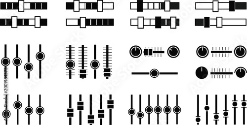 Schilderij op canvas Audio mixer sliders and knobs icons set with volume controls equalizer faders ve