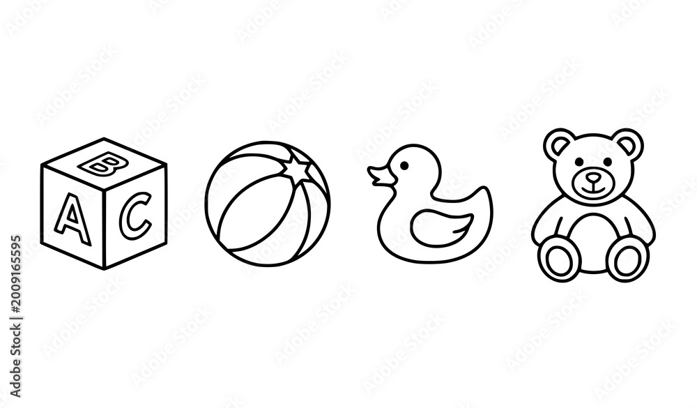 Fototapeta premium Set of baby toys including alphabet block, ball, rubber duck and teddy bear, vector line art.