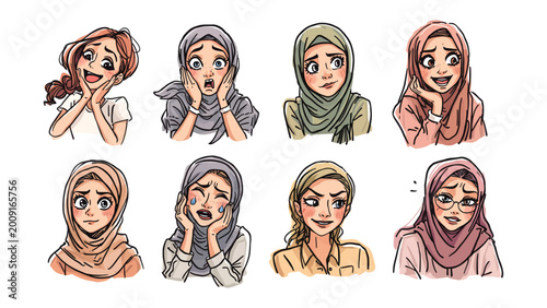 Foto Diverse Emotions of Females: A captivating collection of female illustrations showcasing a spectrum of expressions, from joy and surprise to contemplation and concern