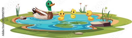 Bild auf Leinwand Cartoon Duck Family Vector Illustration Featuring a Mother Mallard and Her Duckl