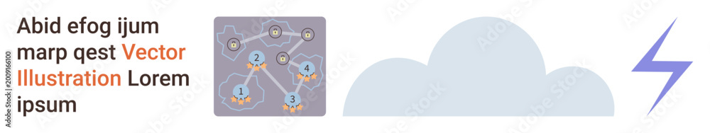 Fototapeta premium Cloud technology, network connections, data transmission, digital systems, weather , future innovation. Design includes network nodes, a cloud shape and a lightning bolt. Cloud technology