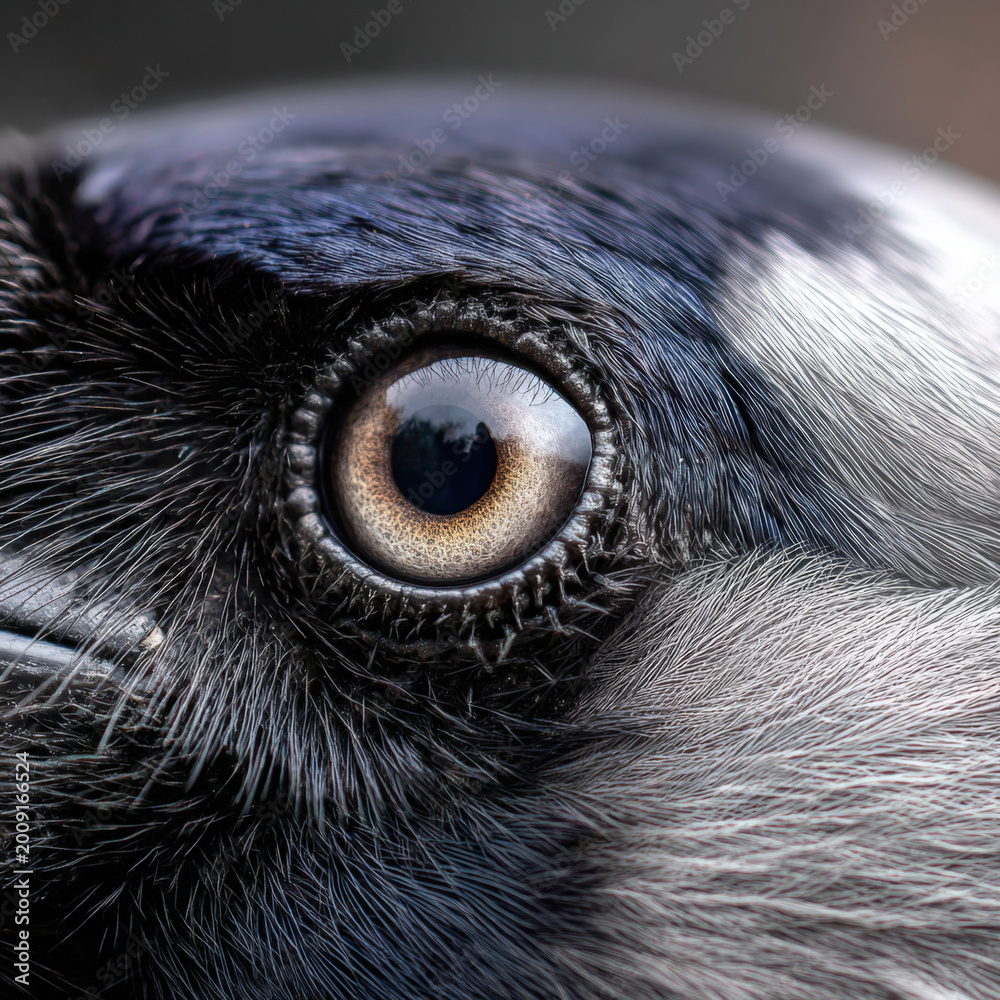 Fototapeta premium Extreme macro close up of a bird eye showing intricate details of feathers and pupil reflections with sharp textures of grey and black plumage in high resolution nature photography detail.