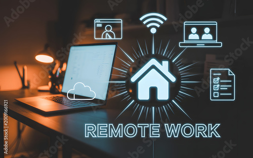 Remote work Setup: A modern workspace comes alive, illuminated by the glow of a laptop screen and surrounded by digital icons, embodying the seamless integration of work and home.