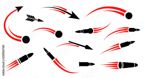 Set of Arrows, Bullets and Target Symbols with Motion Trails - Red and Black