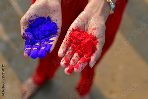 Canvas Print During Holi festival girl showing colour in hand