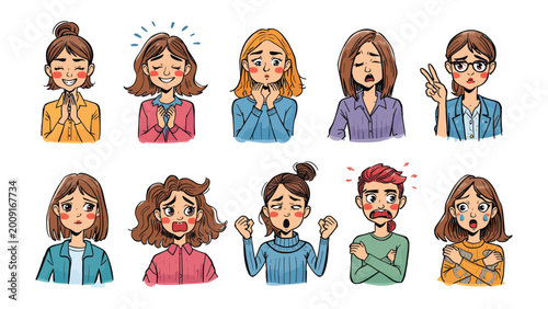 Diverse Expressions: A vibrant array of illustrations depicting various emotions, showcasing a spectrum of feelings and moods. This collection captures the nuances of the human experience.