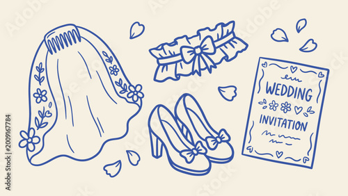Hand-drawn vector illustration of bridal accessories including a veil, garter, shoes, and invitation. Representing wedding preparations and romance