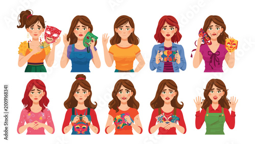 Fotografía Portraying Diverse Emotions: A set of women hold a masks, symbolizing a range of distinct expressions