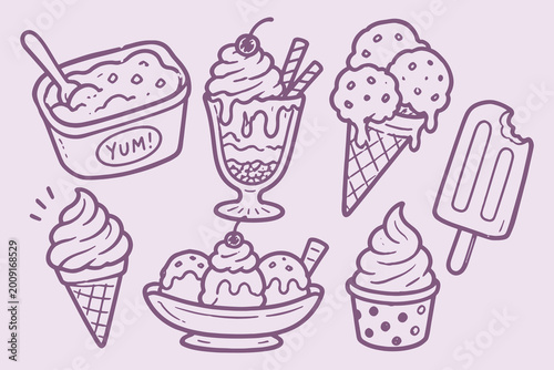Ice cream desserts set purple doodle pattern vector