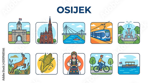 Schilderij op canvas Osijek City Icons Collection Featuring Landmarks and Local Culture