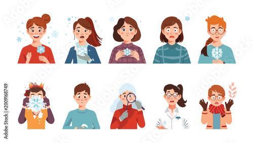Slika na platnu Faces in the Snow: A set of ten individuals, each with a unique expression, interact with snowflakes, creating a playful and heartwarming illustration that captures the essence of winter's charm