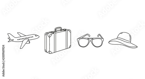 Cuadro en lienzo Travel set line art illustration with airplane suitcase sunglasses and hat
