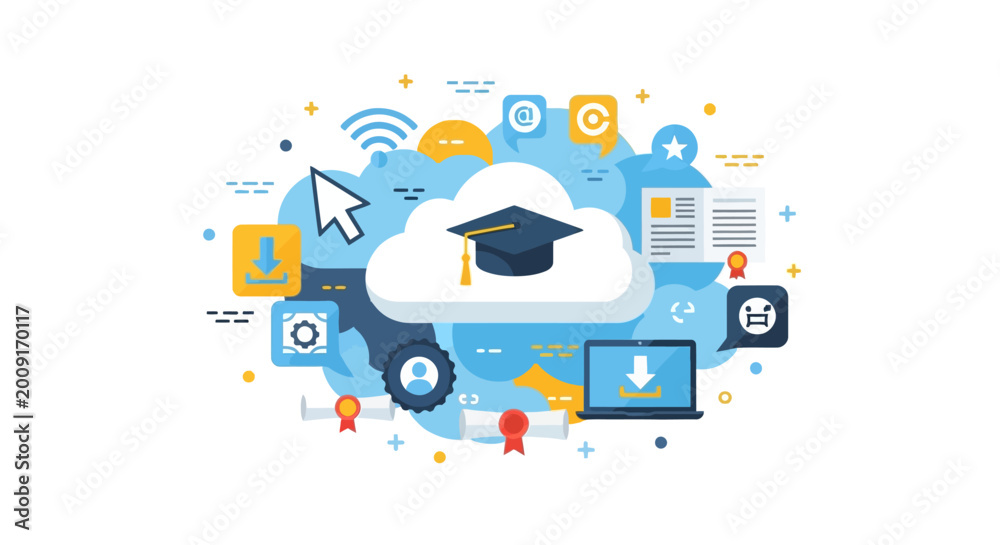 Fototapeta premium Digital Online Education and E-Learning Concept Illustration featuring Graduation Cap, Cloud, Laptop, and Academic Icons for Distance Learning