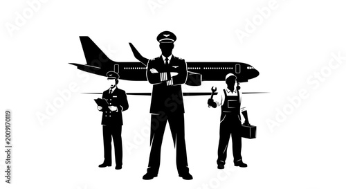 Aviation professional team including pilot flight attendant and aircraft mechanic silhouette.