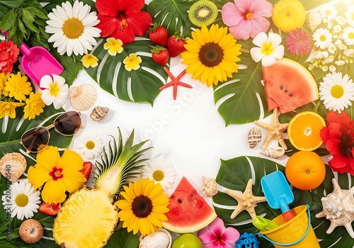 Vibrant Summer Fruits and Flowers Arrangement Top View