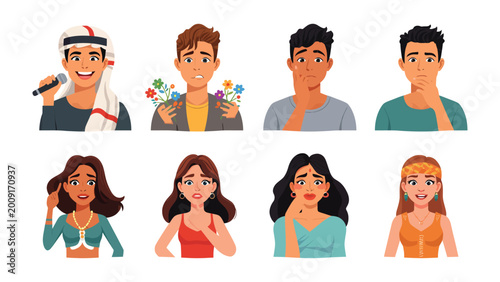 Bild auf Leinwand Human Expressions: A collection of eight illustrated portraits, each depicting a unique facial expression that conveys a range of emotions from joy to anxiety
