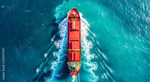 Red cargo ship moving forward across vibrant blue ocean waves captured in top down drone video footage on transparent background