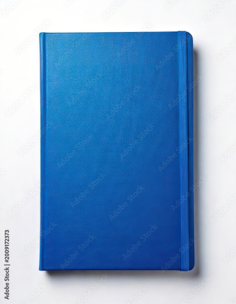 Fototapeta premium A plain blue hardcover notebook viewed from above on a white background.