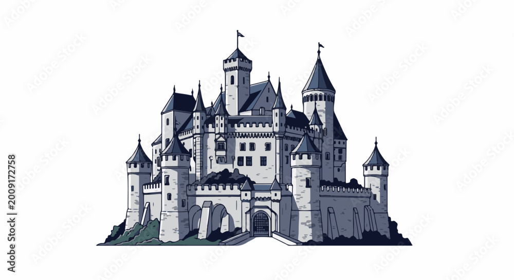 Fototapeta premium A detailed, pixelated illustration of a grand, multi-towered castle on a rocky outcrop